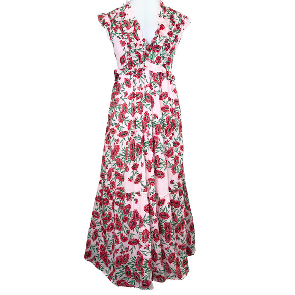 Banjanan Constance Red Pink Floral Maxi Dress VNeck Flutter Sleeves Ruffle Sz L - Picture 4 of 10